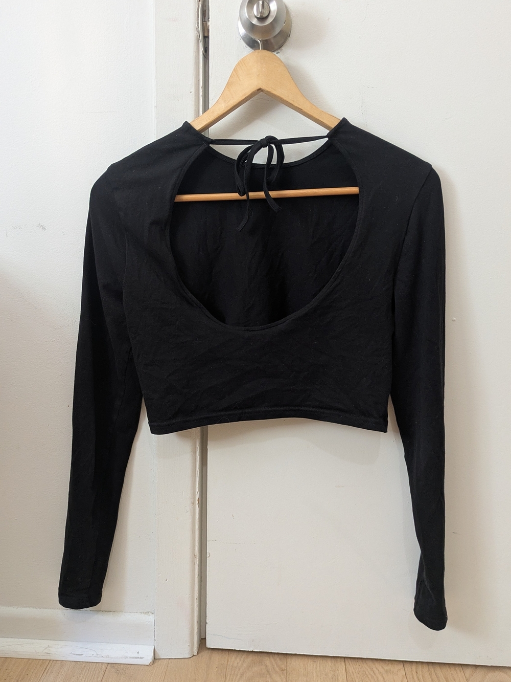 H&M Black Long Sleeve Crop Top with Back Tie Detail